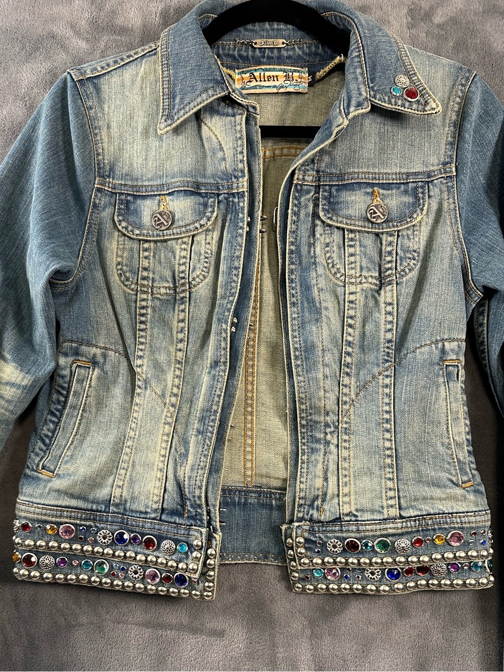 Distressed Light Blue BeJeweled Denim Jacket by Allen B. By Allen Schwartz